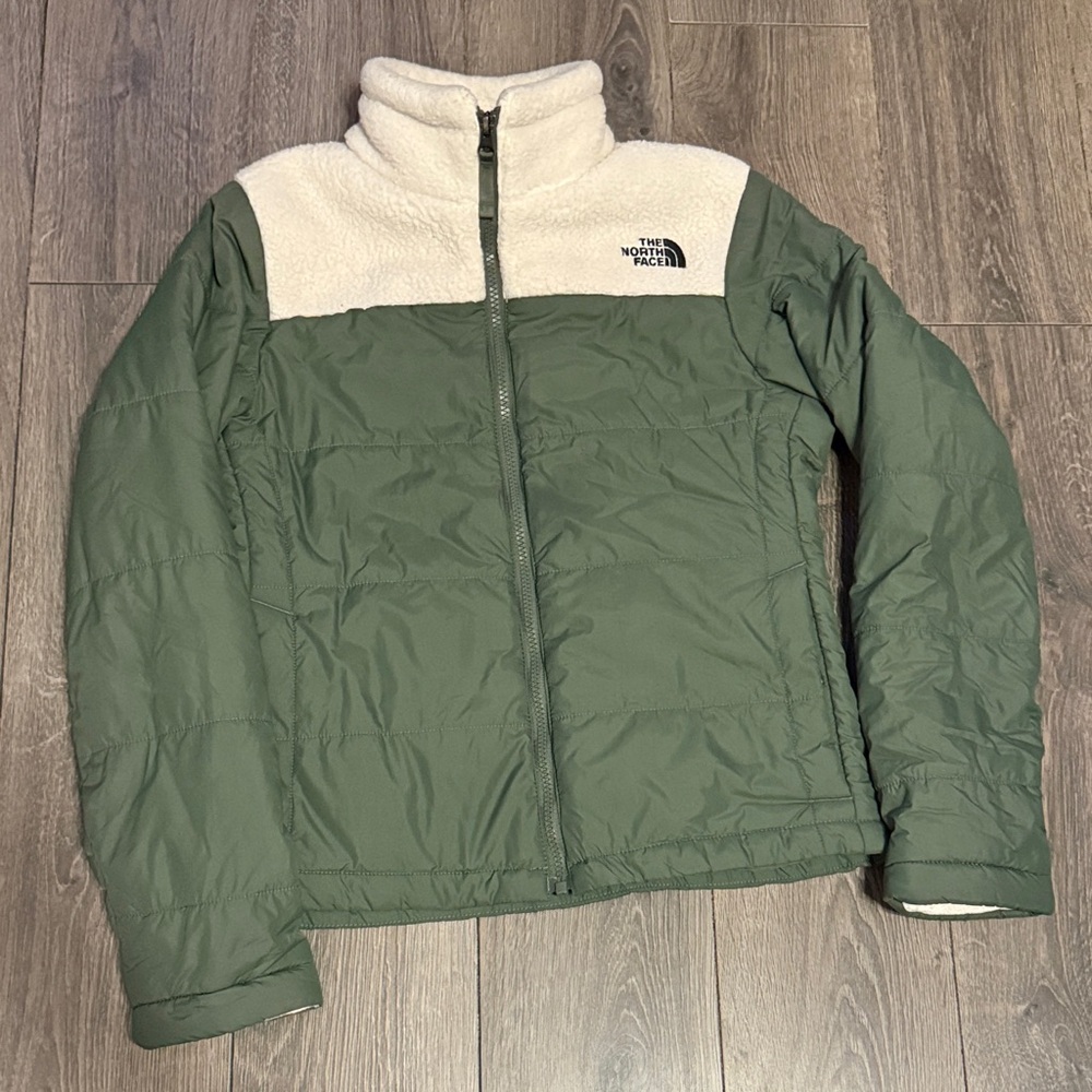 The North Face Olive and Cream Puffer Jacket